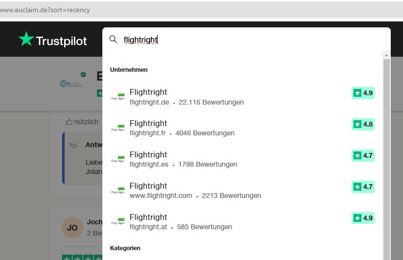 Flightrights diverse Trustpilot Profile